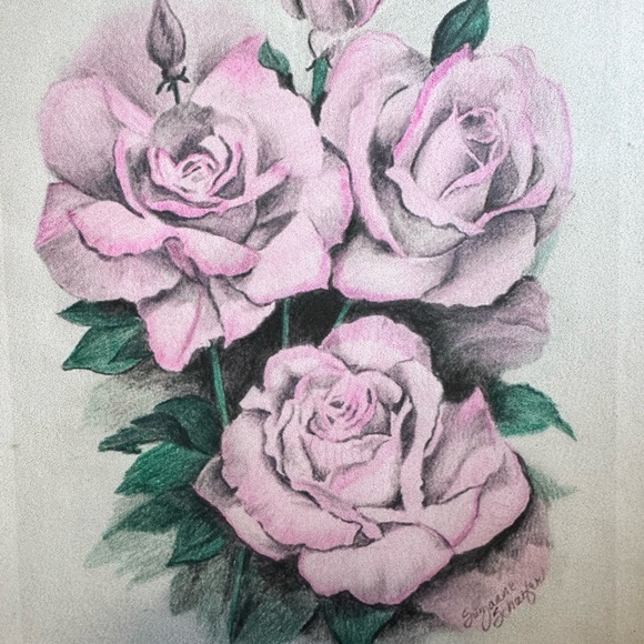Vtg Framed 'Roses' Signed by Artist in Pencil 10”x12.5” MCM - Picture 2 of 9